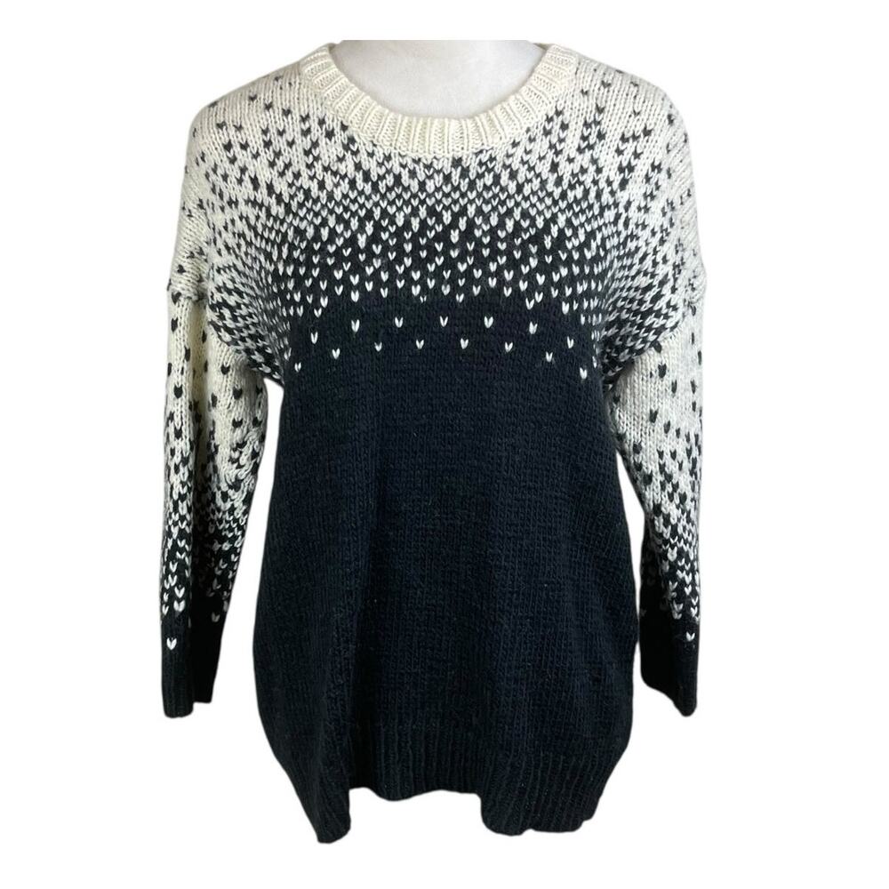 Madewell M Black Cream Speckled Ombre 3/4 Sleeve Wool Chunky Knit Sweater